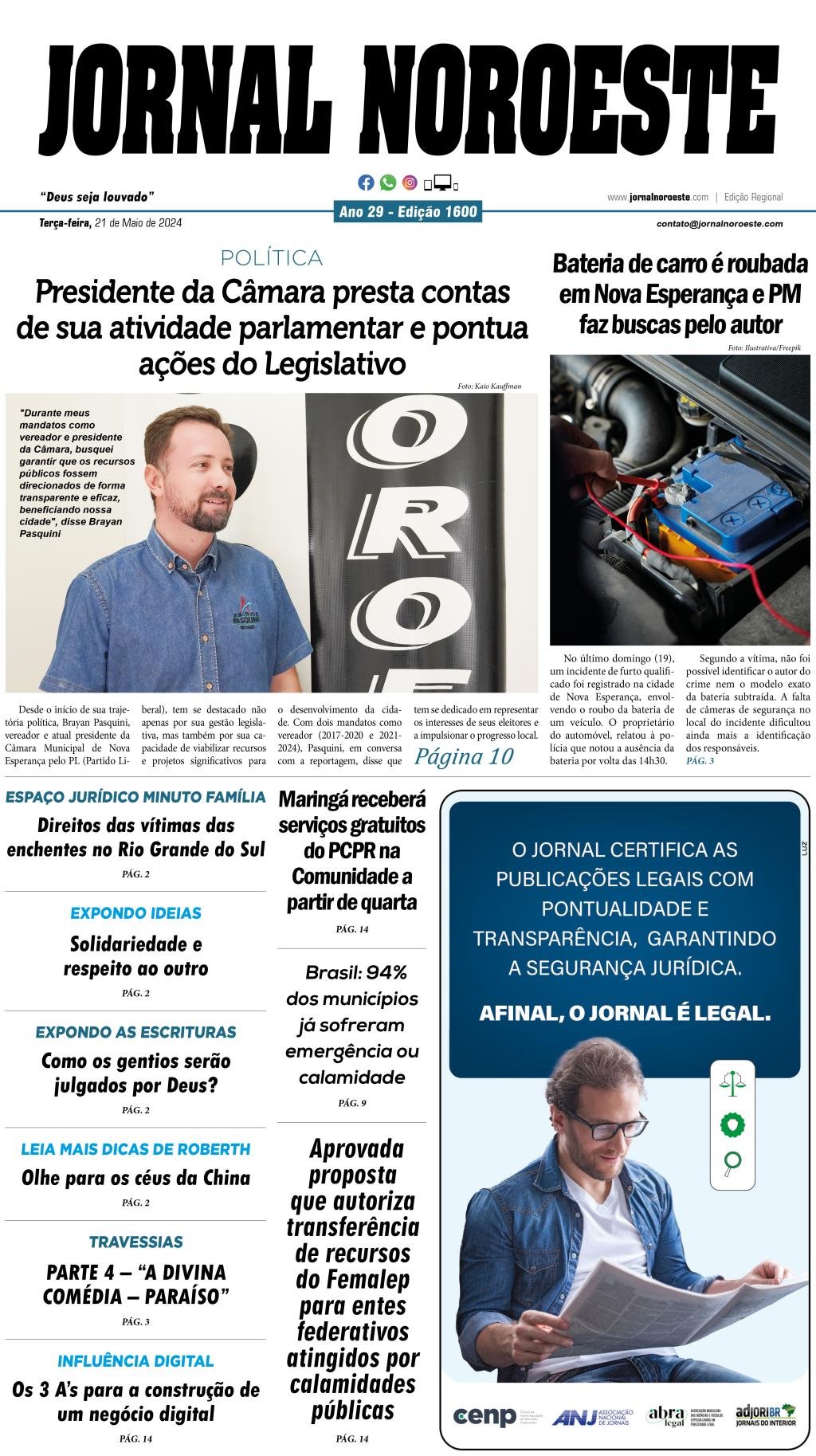 Jornal Noroeste Edição 1600 de terça-feira, 21 de maio de...