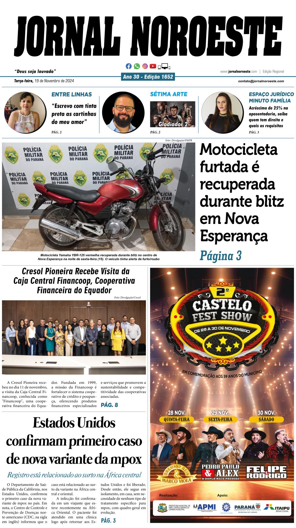 Edição 1652 do Jornal Noroeste desta terça-feira, 19 de novembro de 2024