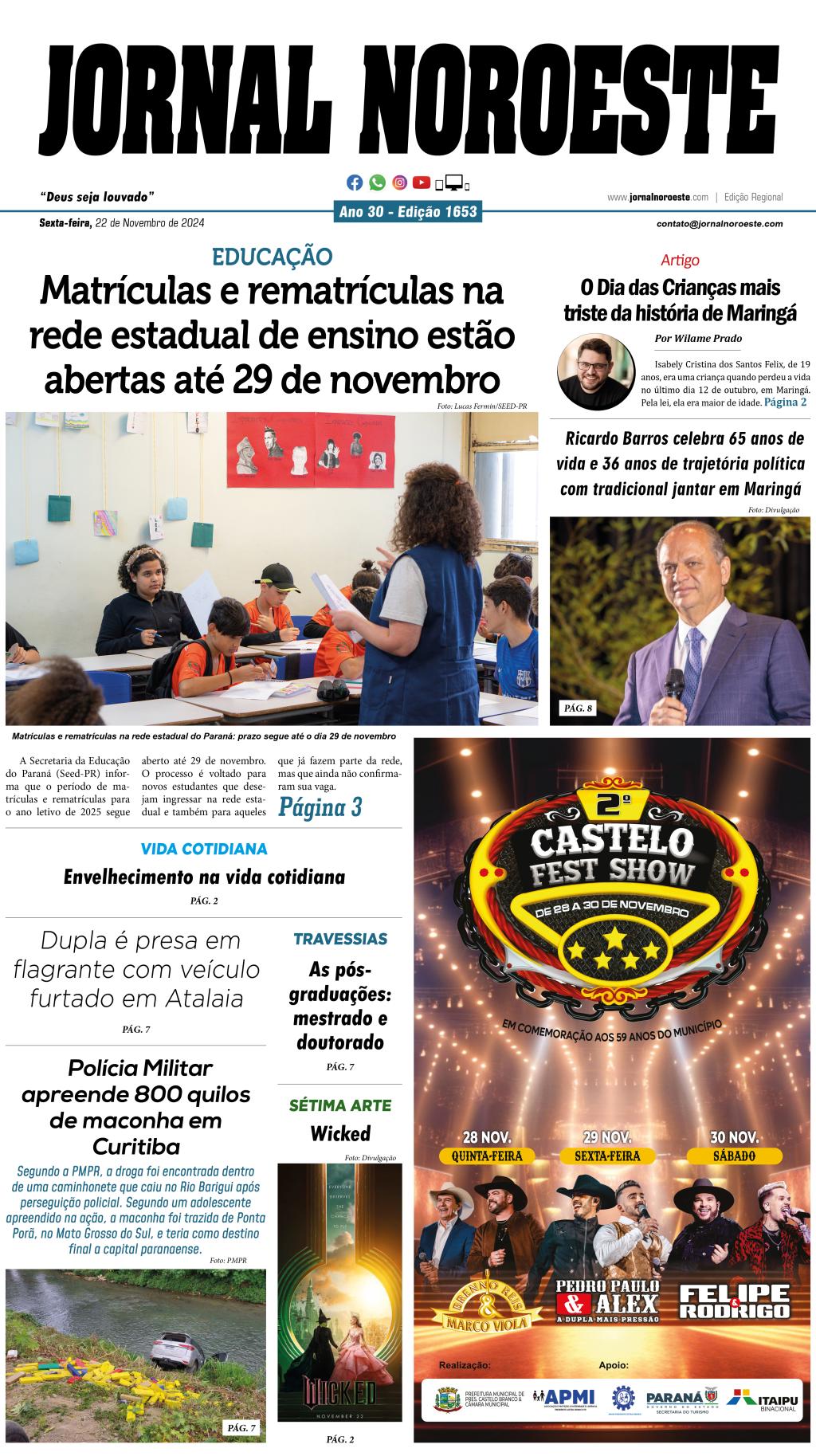 Jornal Noroeste – Edição 1653 desta sexta-feira, 22 de novembro...