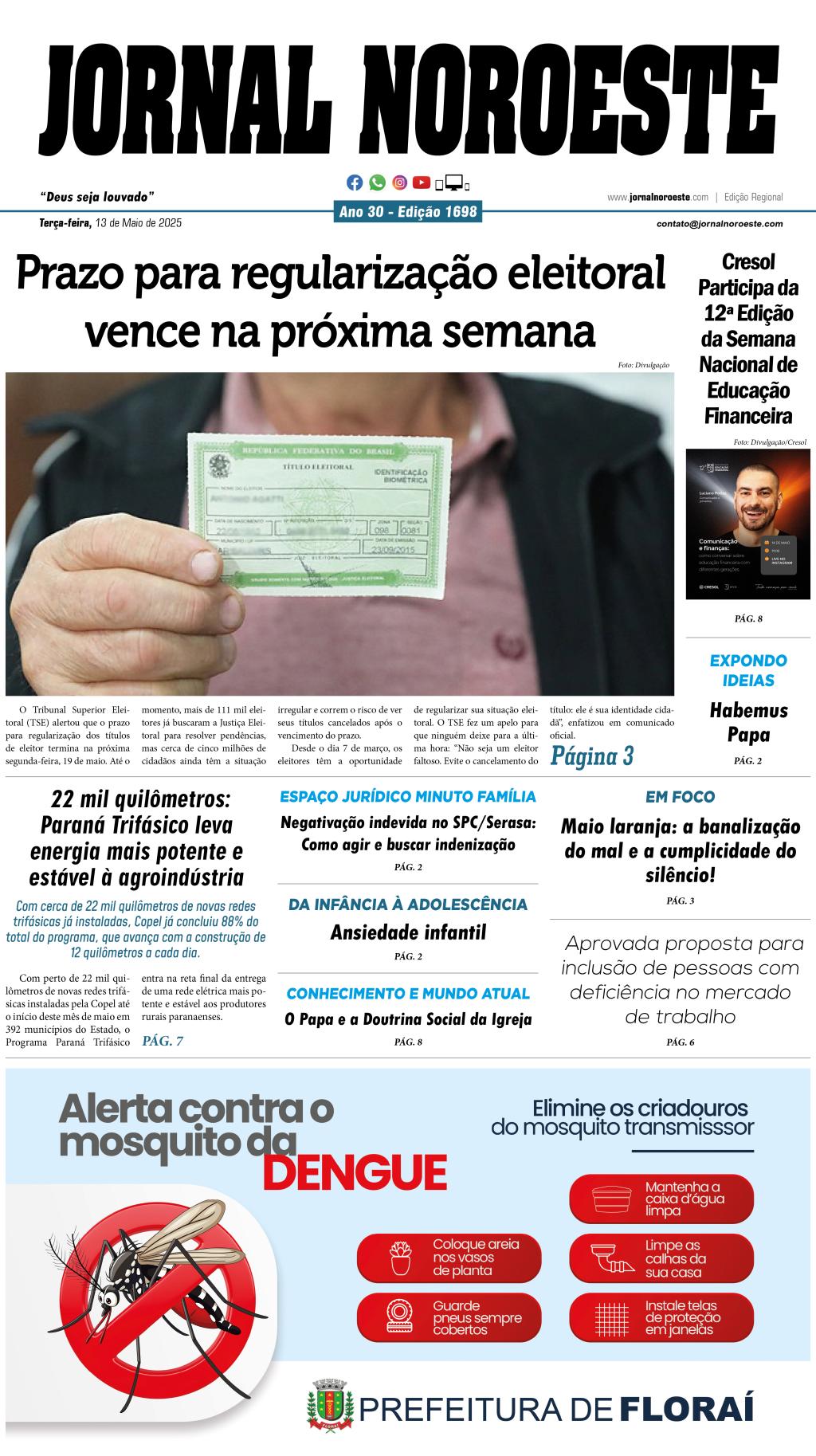 Jornal Noroeste edição 1698 desta terça-feira, 13 de maio de...