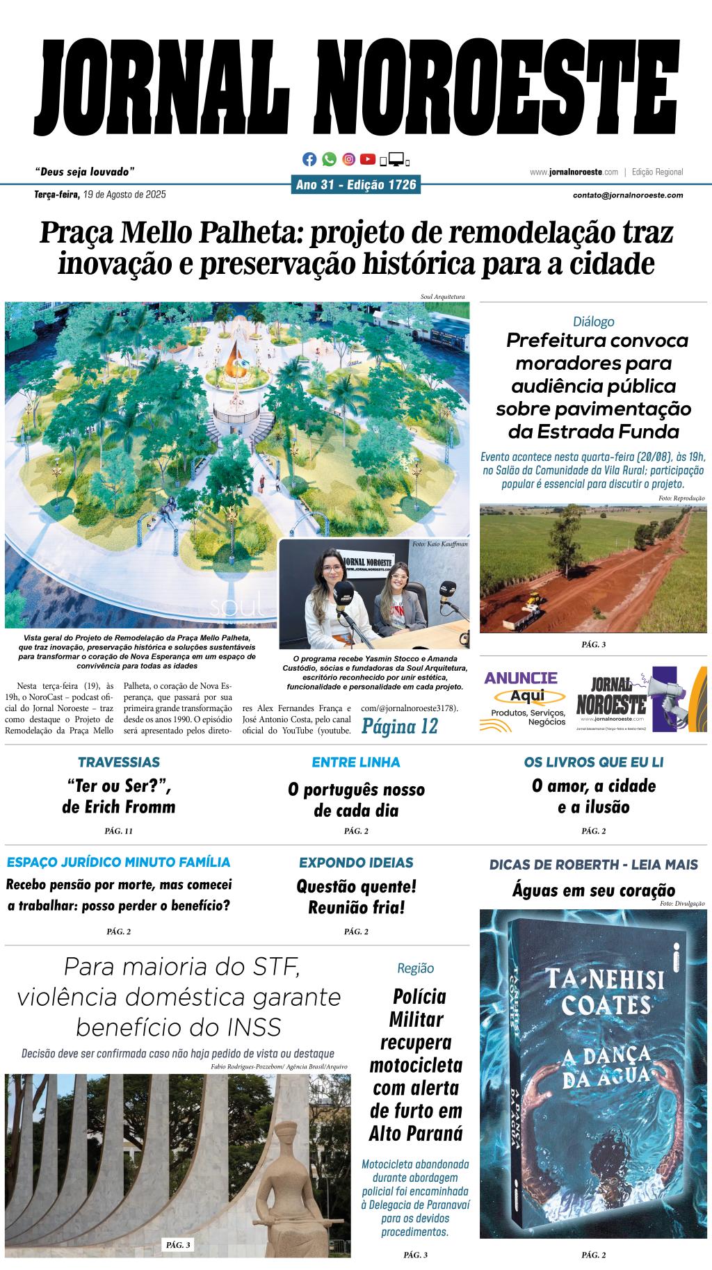 Jornal Noroeste edição número 1726 desta terça-feira, 19 de agosto...