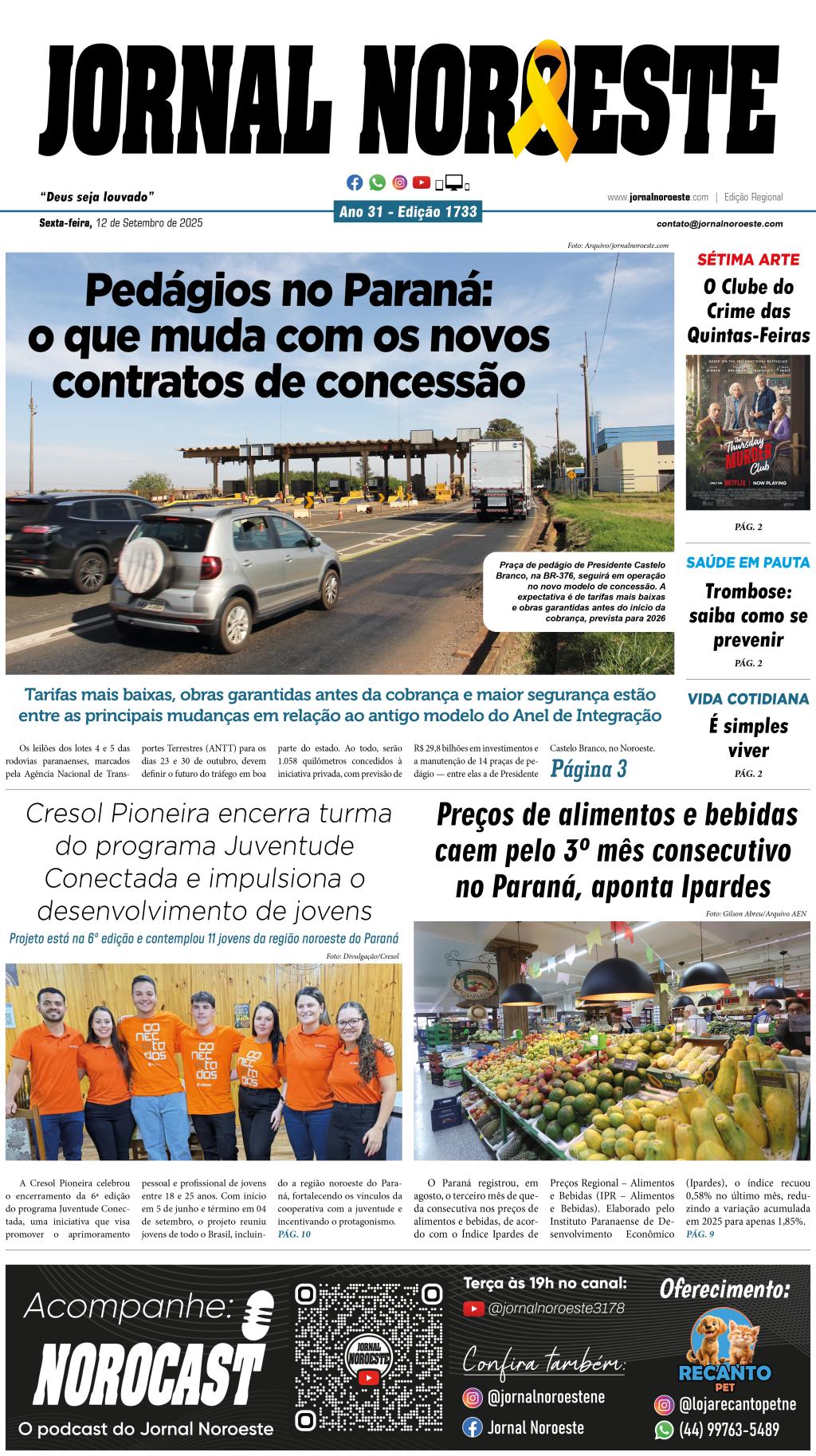Jornal Noroeste - edição 1733 desta sexta-feira, 12 de setembro...