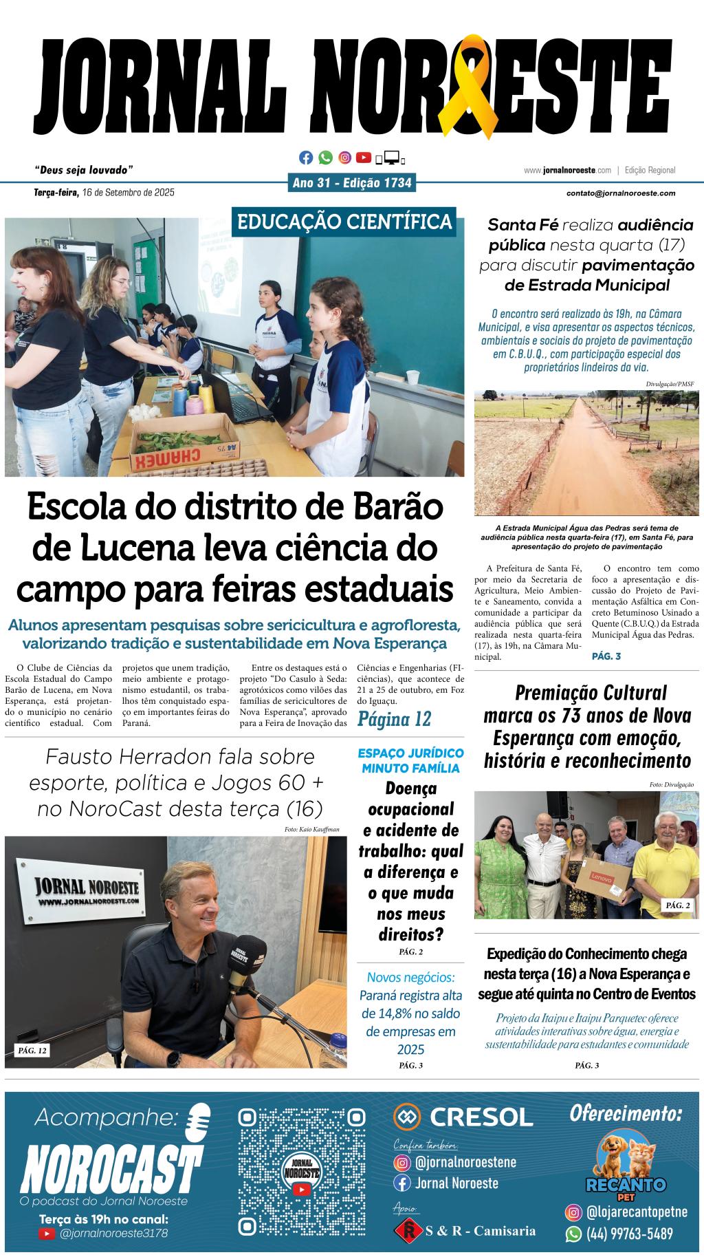 Jornal Noroeste lança edição 1734 desta terça-feira, 16 de setembro de 2025