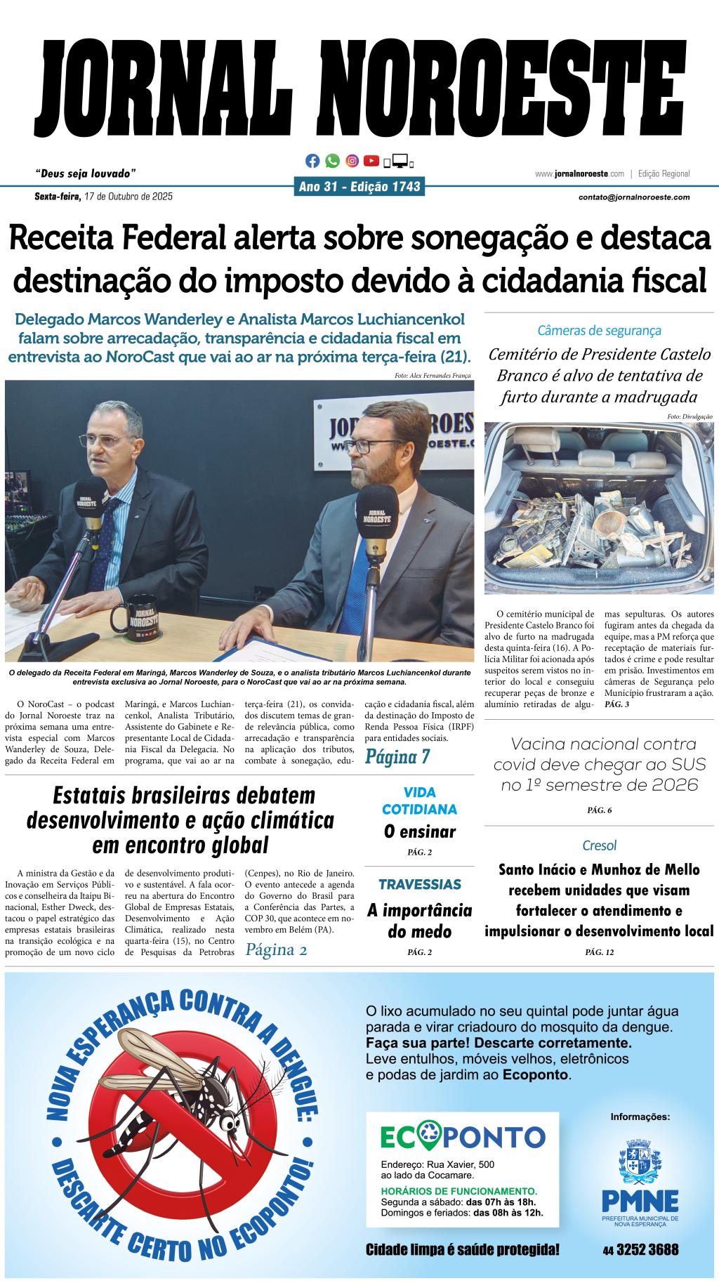 Jornal Noroeste 1743 desta sexta-feira, 17 de outubro de 2025
