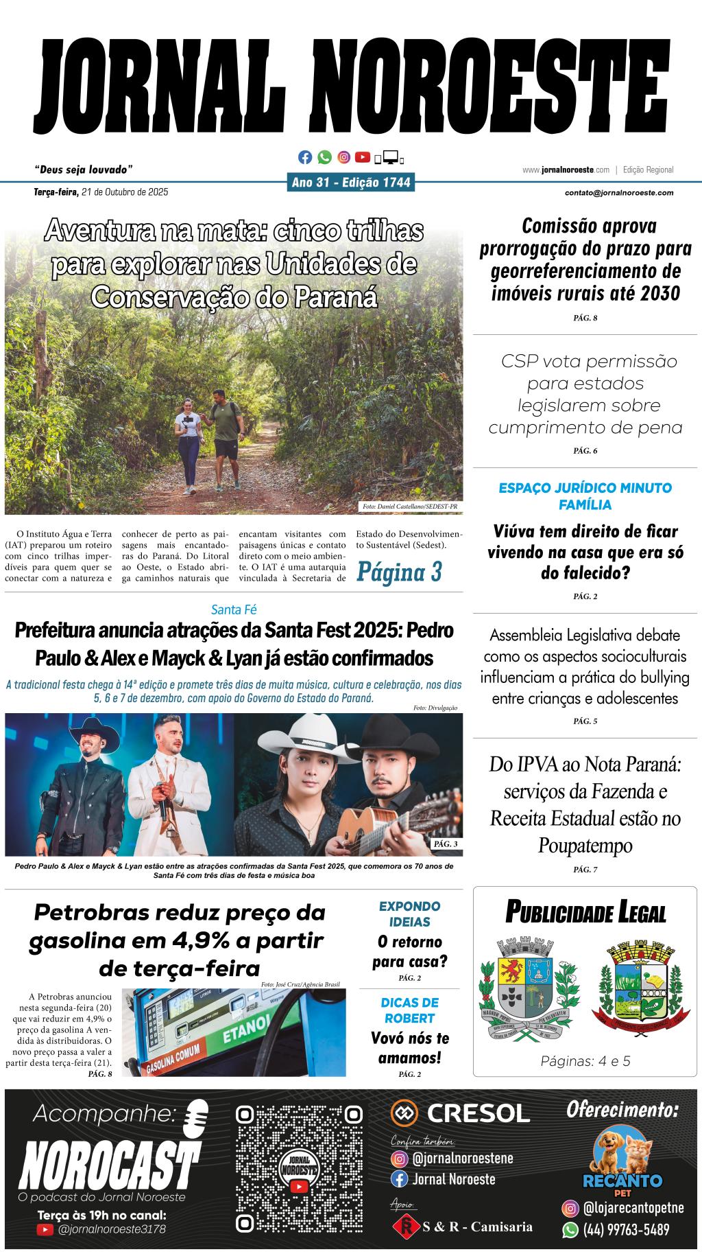 Jornal Noroeste – Edição 1744 desta terça-feira, 21 de outubro de 2025