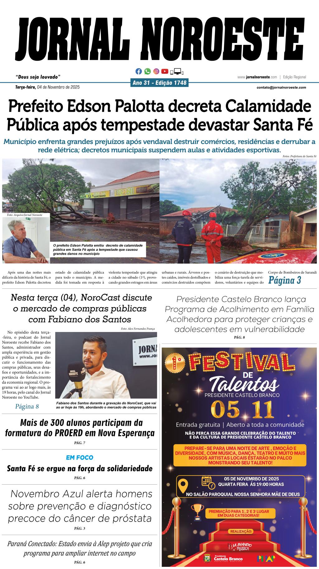 Jornal Noroeste edição 1748 desta terça-feira, 04 de novembro de 2025