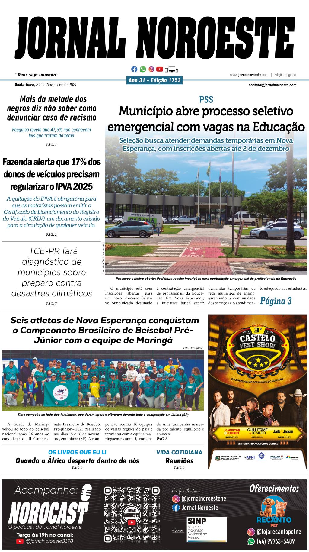 Jornal Noroeste – Edição 1753 desta sexta-feira, 21 de novembro de 2025