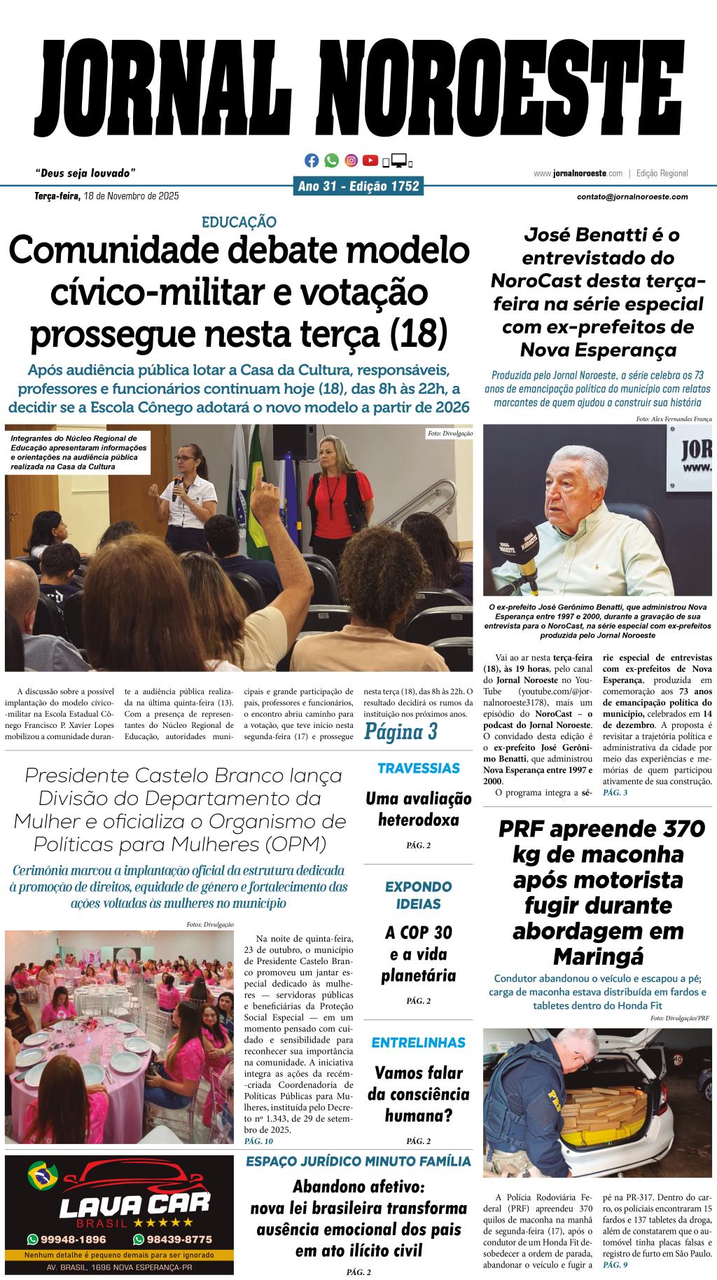 Jornal Noroeste edição nº 1752 desta terça-feira, 18 de novembro de 2025