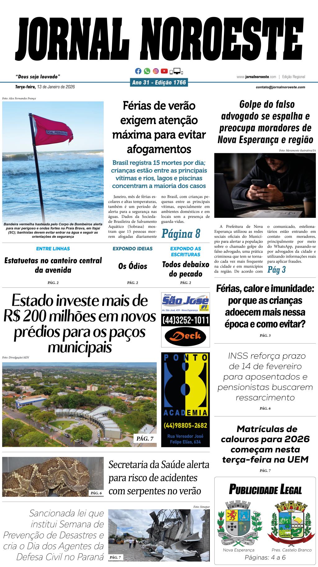 Jornal Noroeste - edição 1766 desta terça-feira, 13 de janeiro de 2026