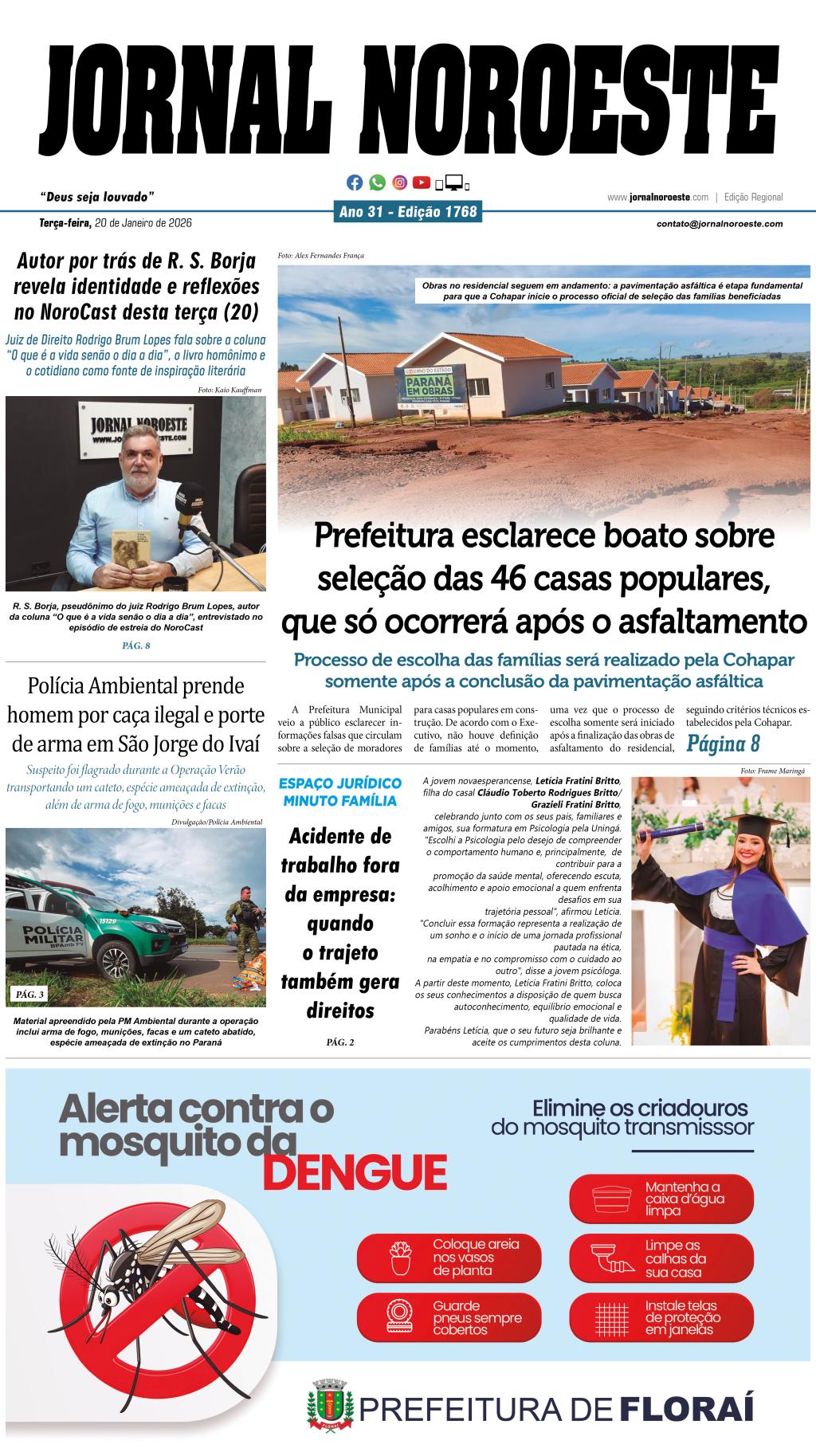 Jornal Noroeste - edição 1768 desta terça-feira, 20 de janeiro de 2026