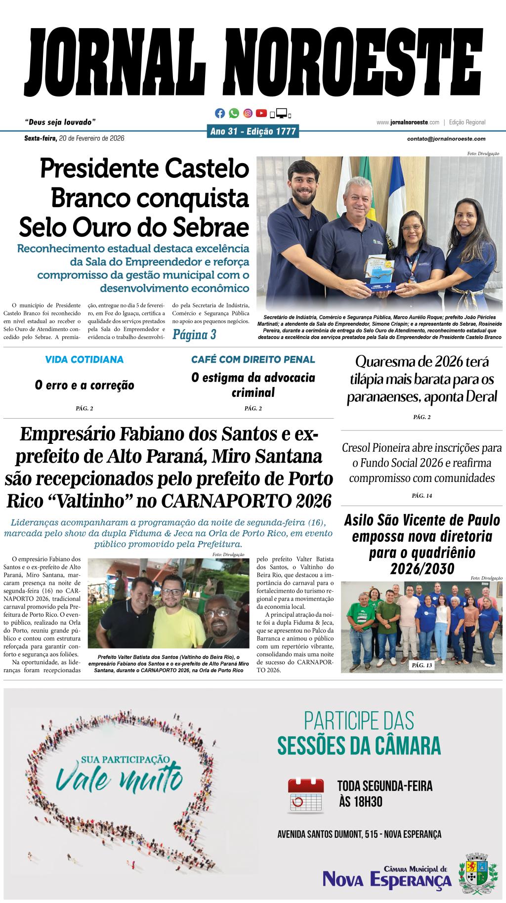 Jornal Noroeste edição 1777 desta sexta-feira, 20 de fevereiro de...