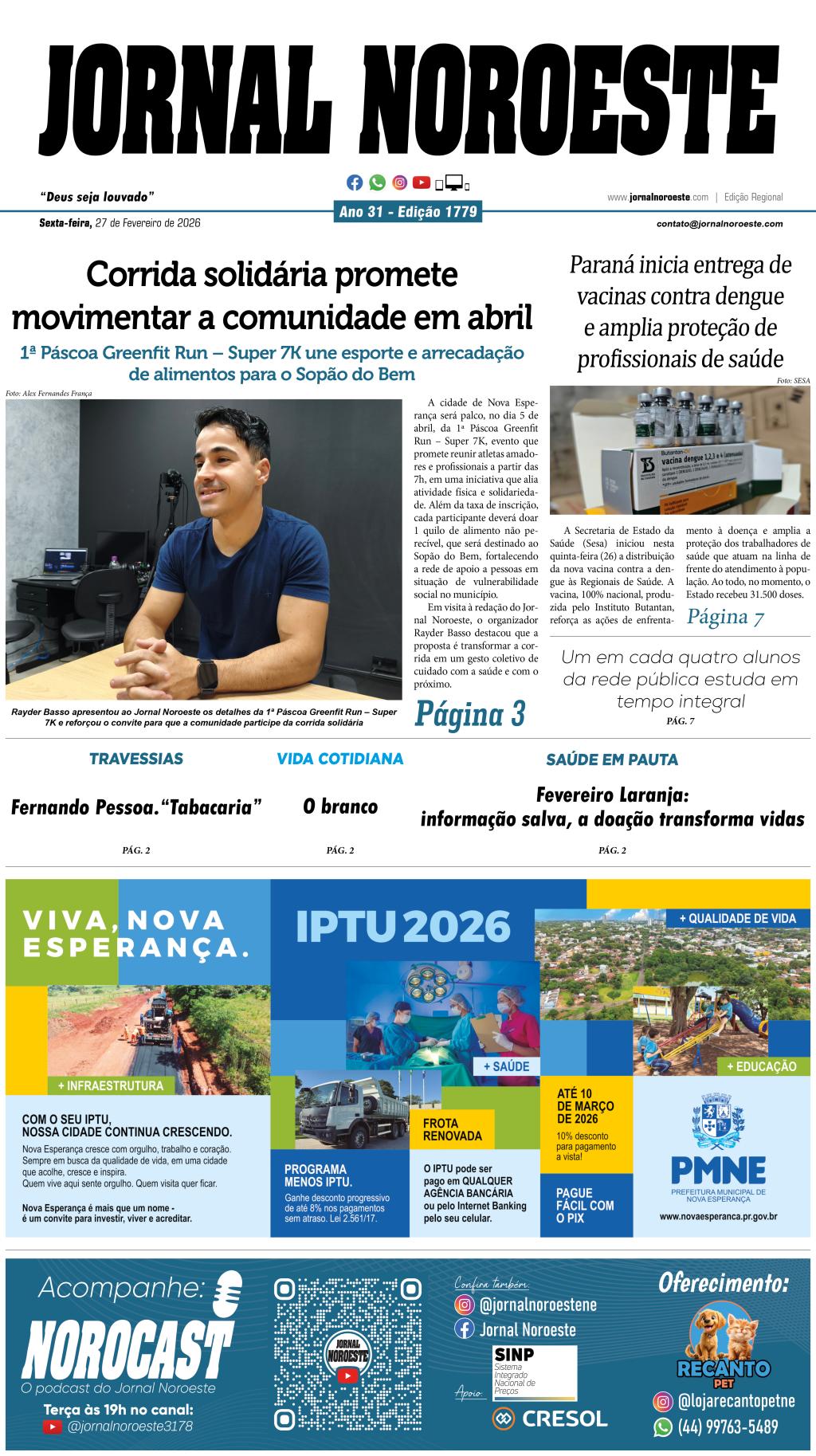 Jornal Noroeste - edição 1779 desta sexta-feira, 27 de fevereiro...