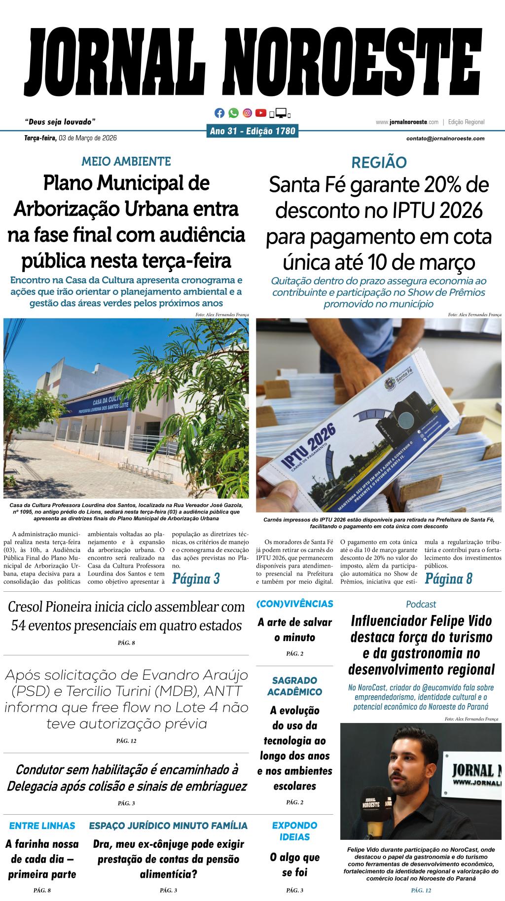 Jornal Noroeste - edição 1780 desta terça-feira, 03 de março...