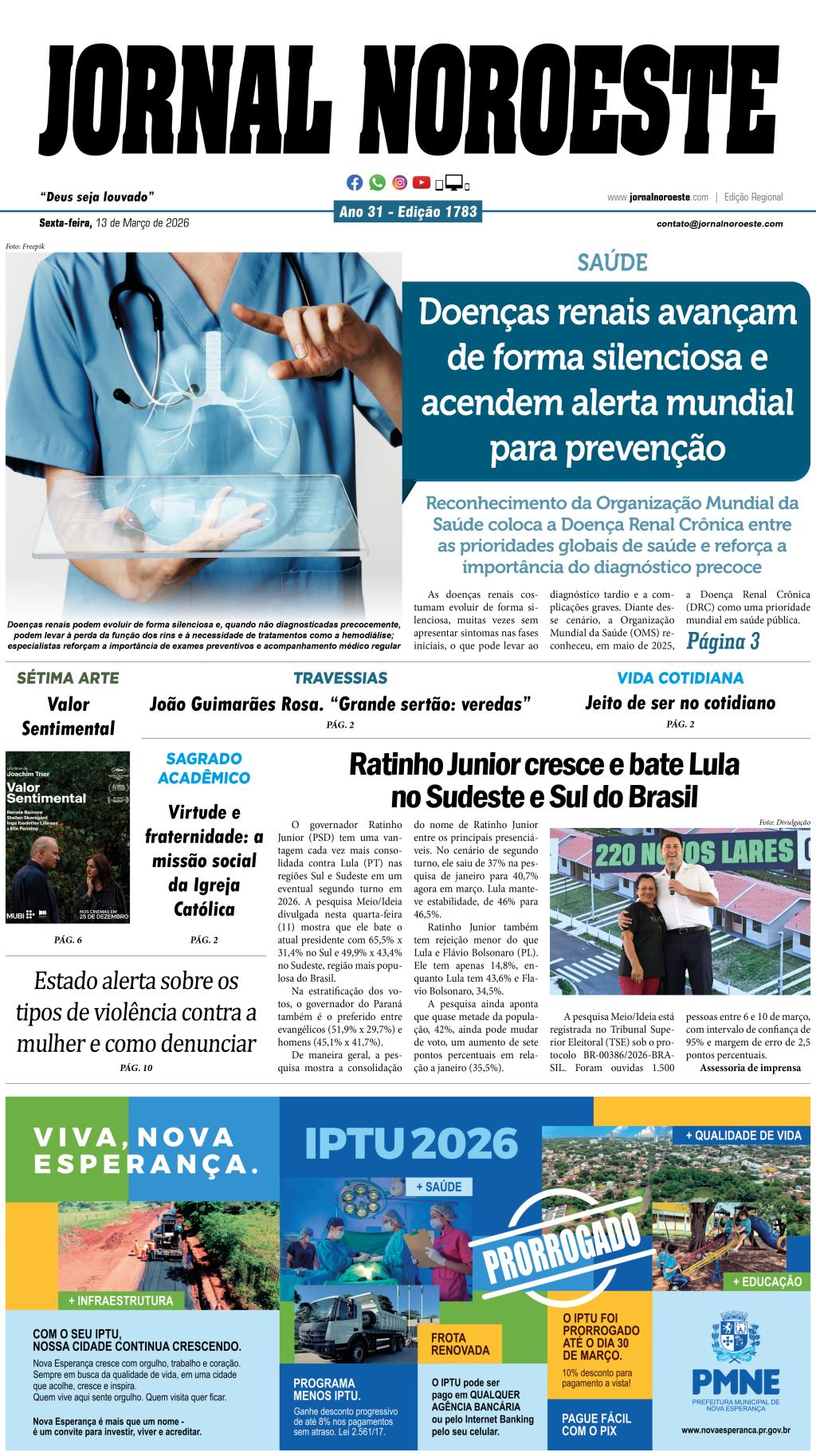 Jornal Noroeste - edição 1783 desta sexta-feira, 13 de março...
