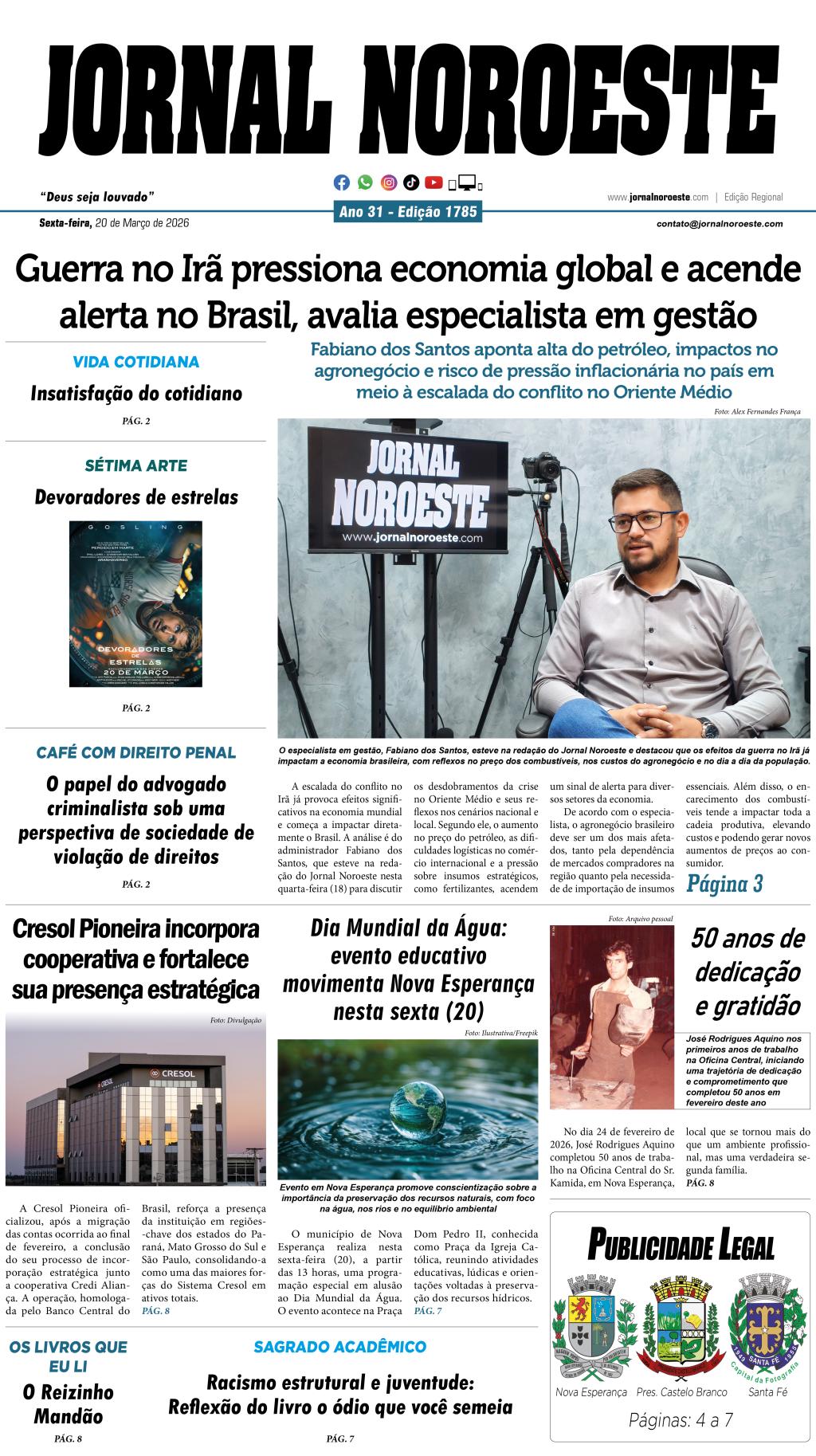 Jornal Noroeste Edição 1785 desta sexta-feira, 20 de março de 2026