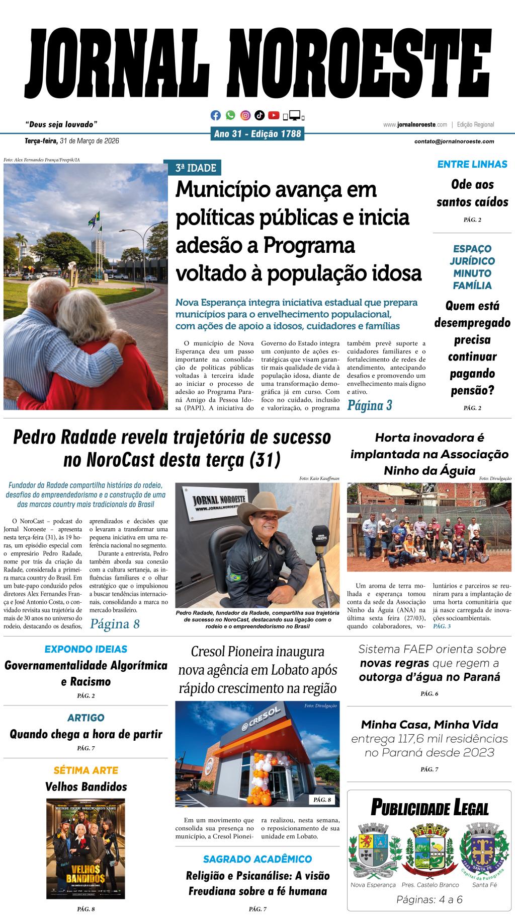 Jornal Noroeste - edição 1788 desta terça-feira, 31 de março de 2026