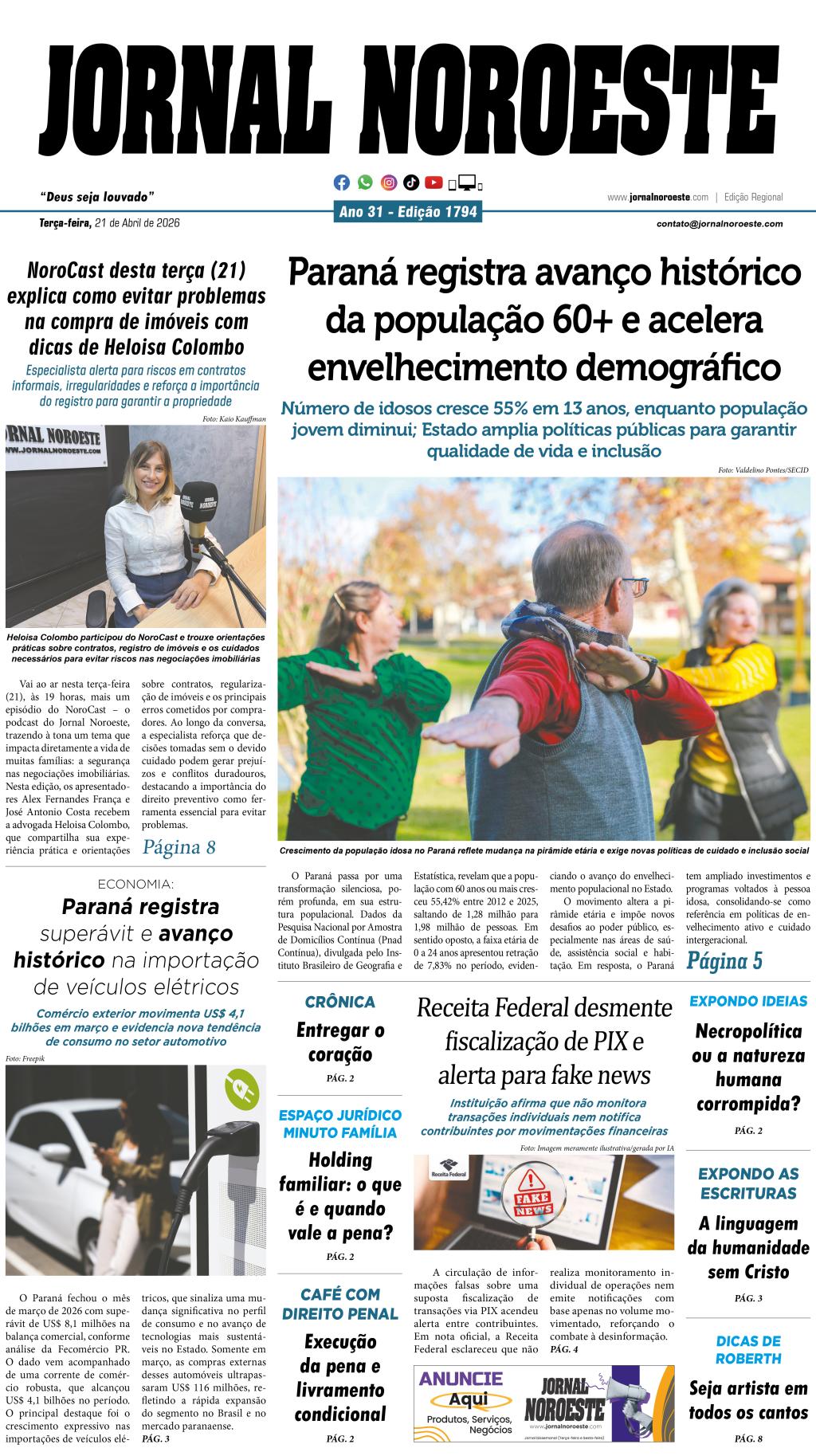 Jornal Noroeste - edição 1794 desta terça-feira, 21 de abril de 2026