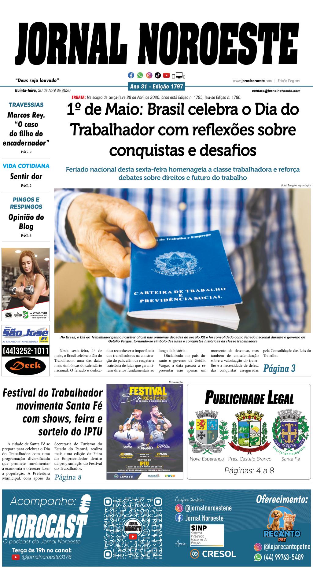 Jornal Noroeste - edição 1797 desta quinta-feira, 30 de abril...