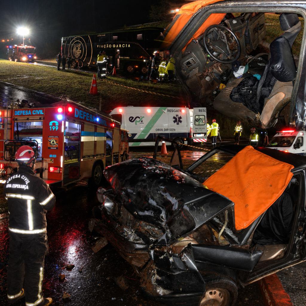 Colisão frontal entre carro e ônibus deixa duas pessoas gravemente feridas na...