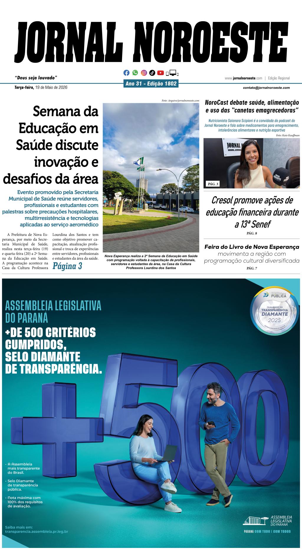 Jornal Noroeste - edição 1802 desta terça-feira, 19 de maio...