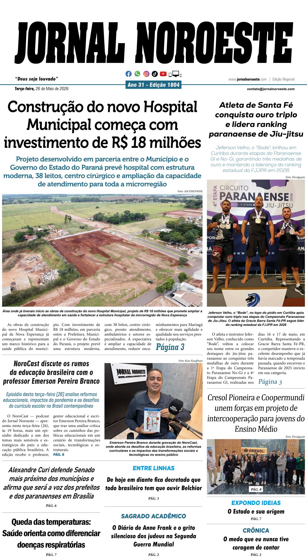 Jornal Noroeste - edição 1804 desta terça-feira, 26 maio de 2026