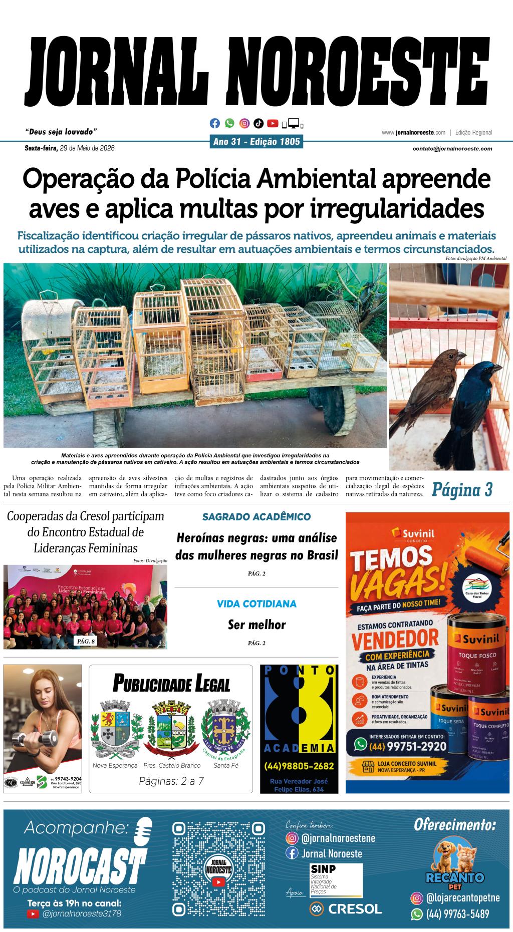 Jornal Noroeste - edição 1805 desta sexta-feira, 29 de maio de 2026
