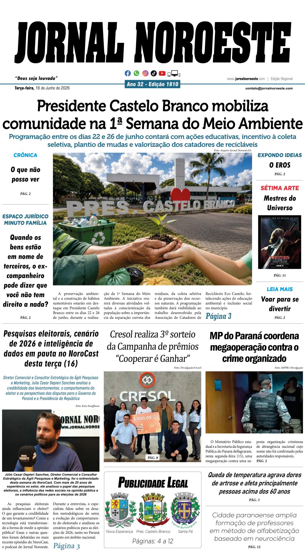 Jornal Noroeste - edição 1810 desta terça-feira, 16 de junho de 2026