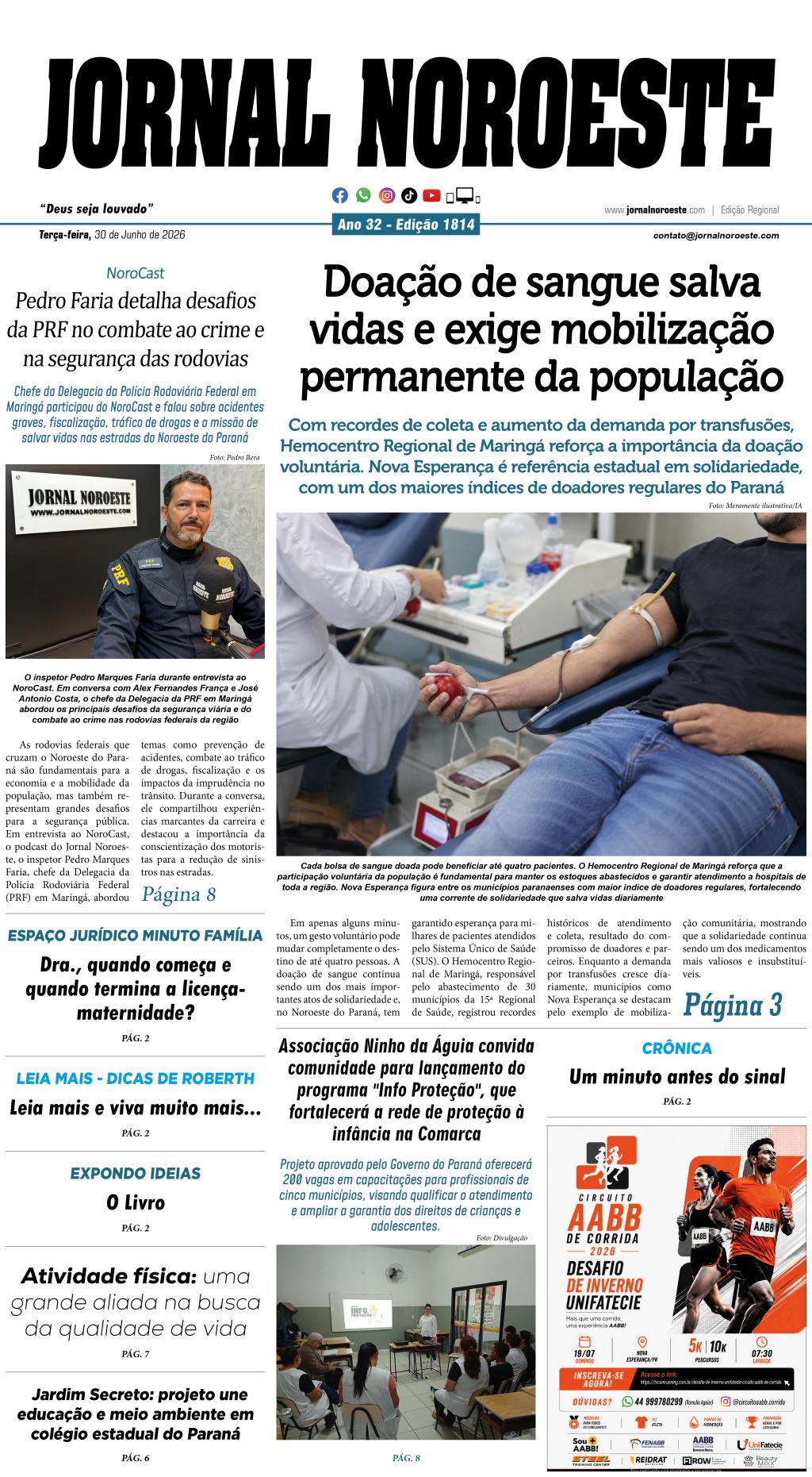 Jornal Noroeste edição Nº 1814 desta terça-feira, 30 de junho de 2026