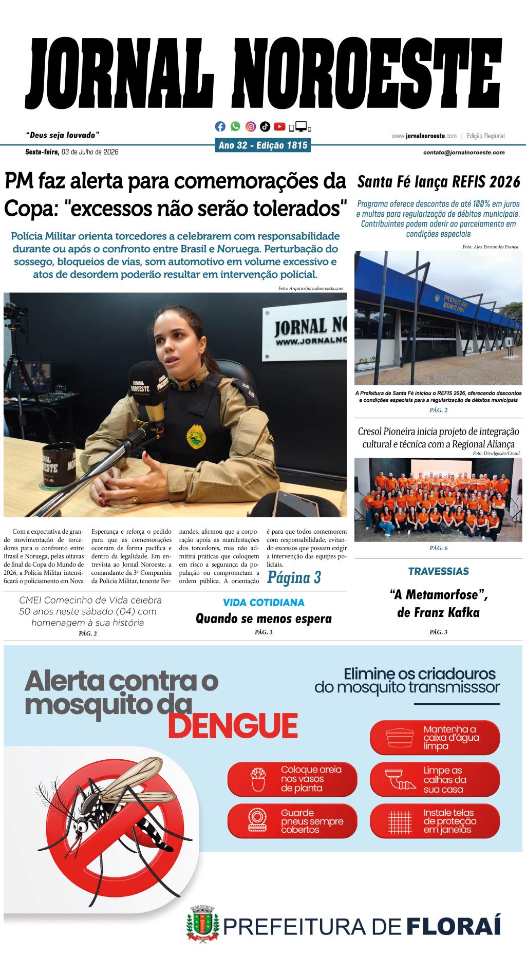 Jornal Noroeste - edição nº1815 desta sexta-feira, 03 de julho...