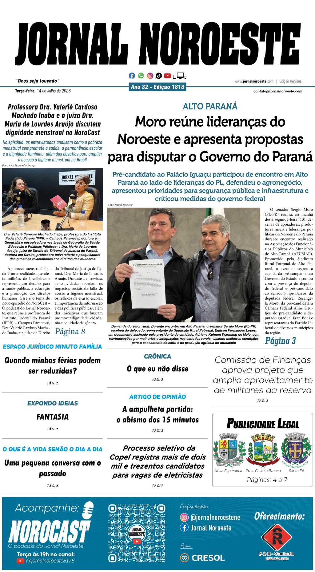 Jornal Noroeste edição nº 1818 desta terça-feira, 14 de julho de 2026