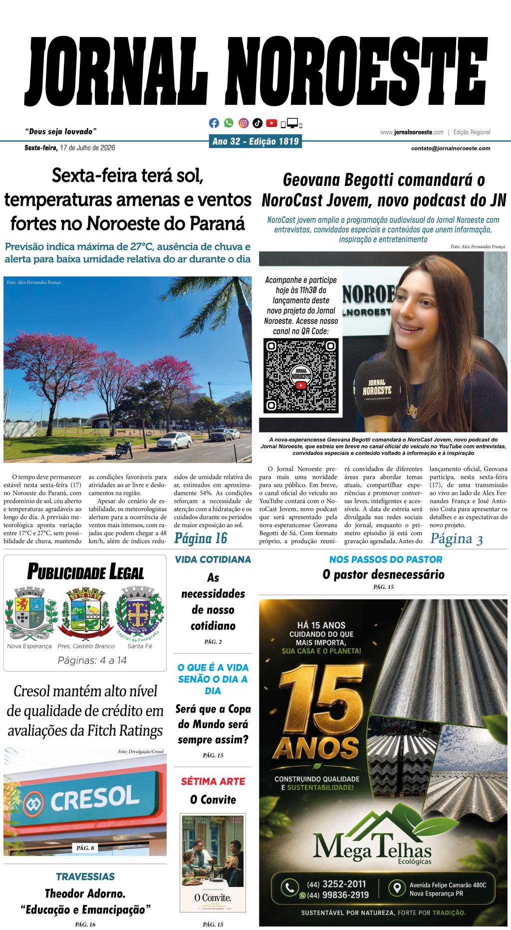 Jornal Noroeste edição nº 1819 desta sexta-feira, 17 de julho...
