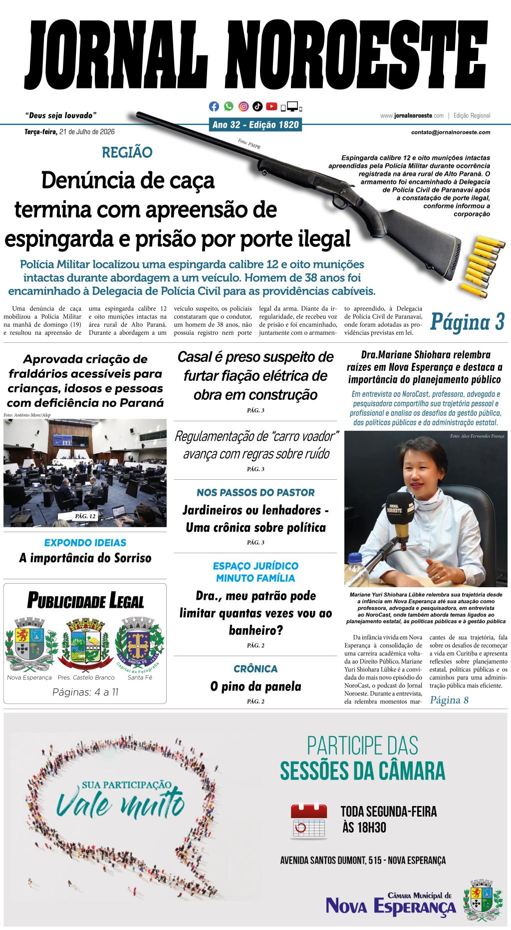 Jornal Noroeste edição Nº1820 desta terça-feira, 21 de julho de...