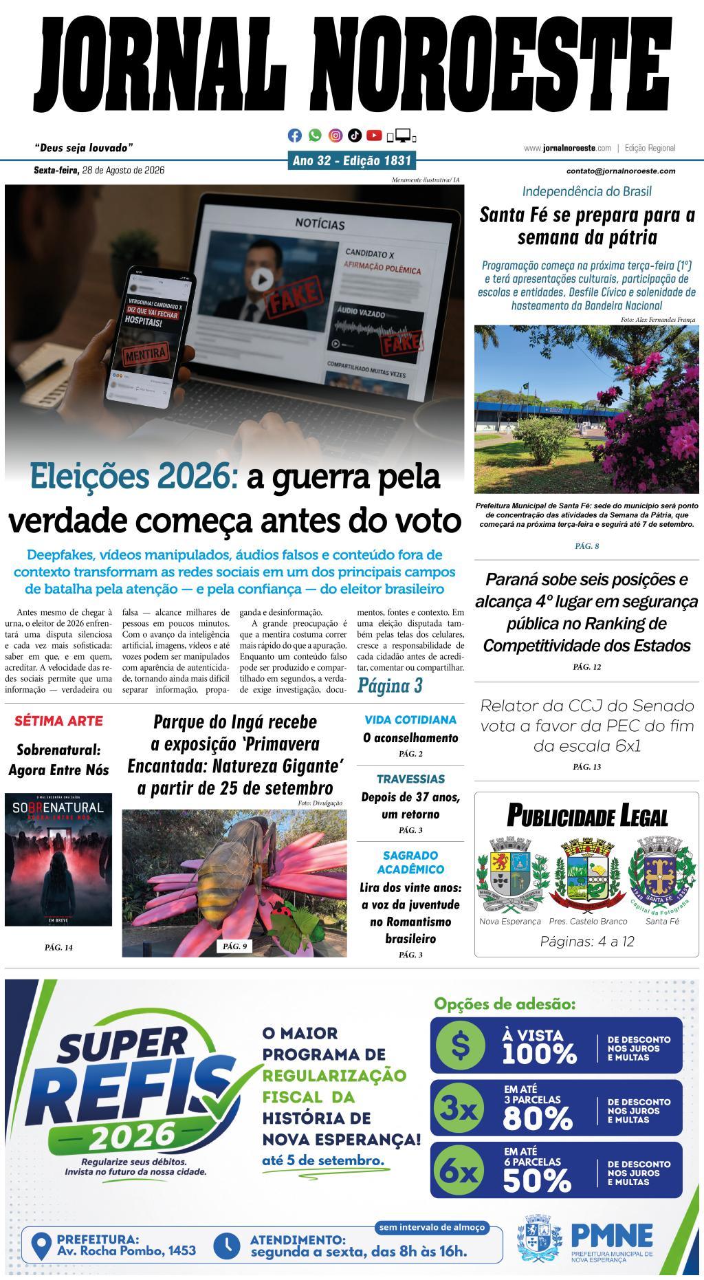 Jornal Noroeste - edição 1831 desta sexta-feira, 28 de agosto de 2026