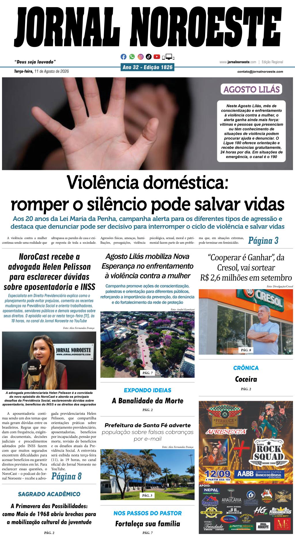 Jornal Noroeste edição nº1826 desta terça-feira, 11 de agosto de 2026