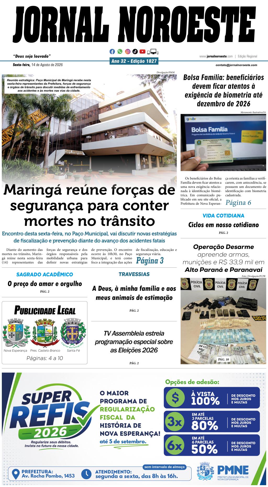 Jornal Noroeste edição nº1827 desta sexta-feira, 14 de agosto de 2026