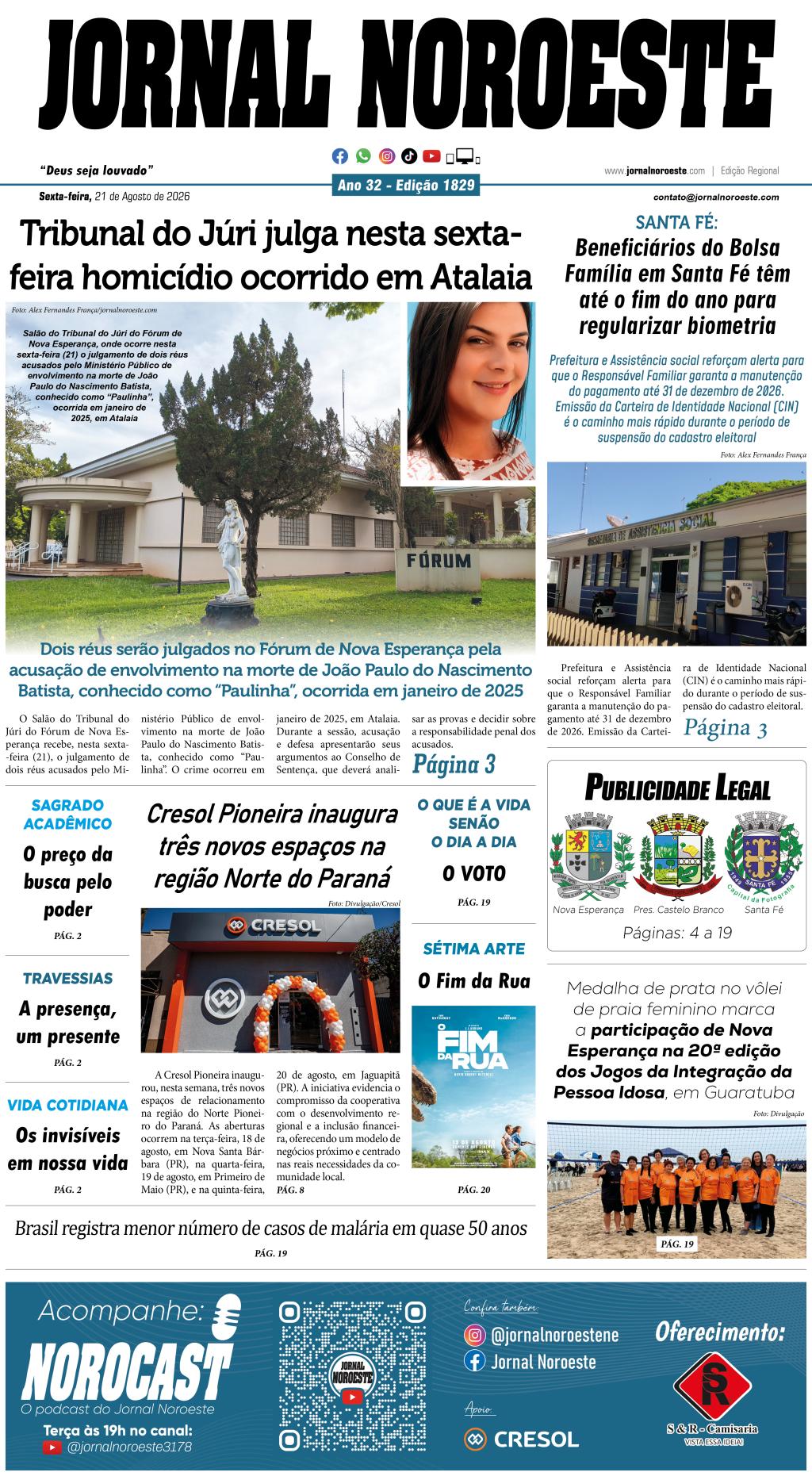 Jornal Noroeste - edição  nº 1829 desta sexta-feira, 21...