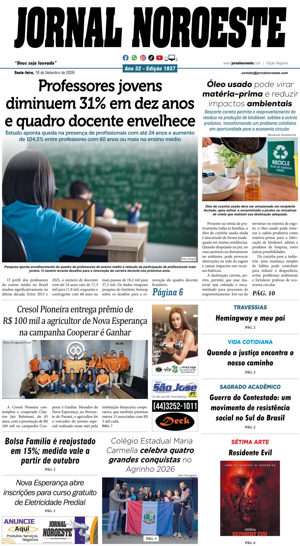 Jornal Noroeste edição Nº1837 desta sexta-feira, 18 de setembro de...