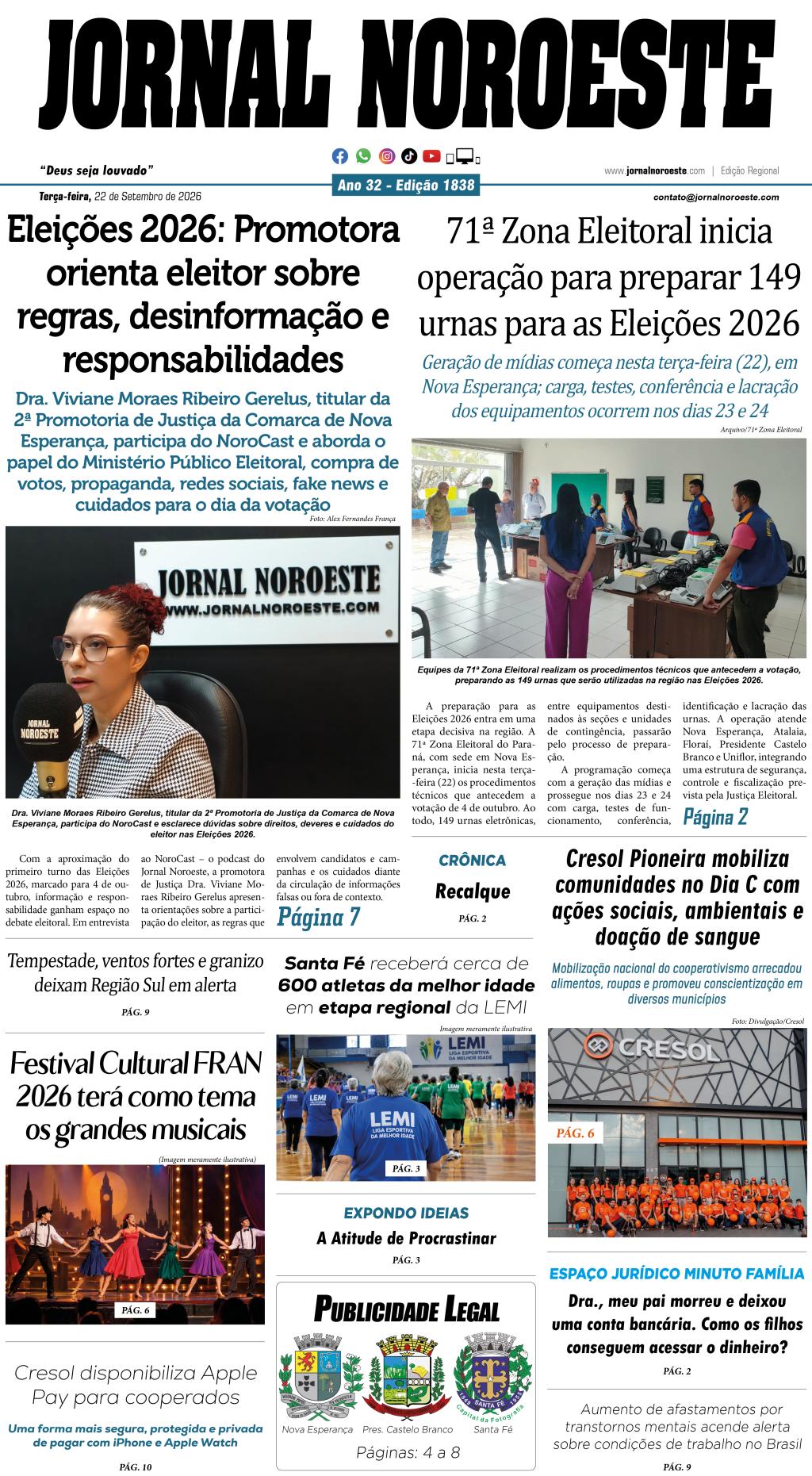 Jornal Noroeste - edição Nº1838 desta terça-feira, 22 de setembro de 2026