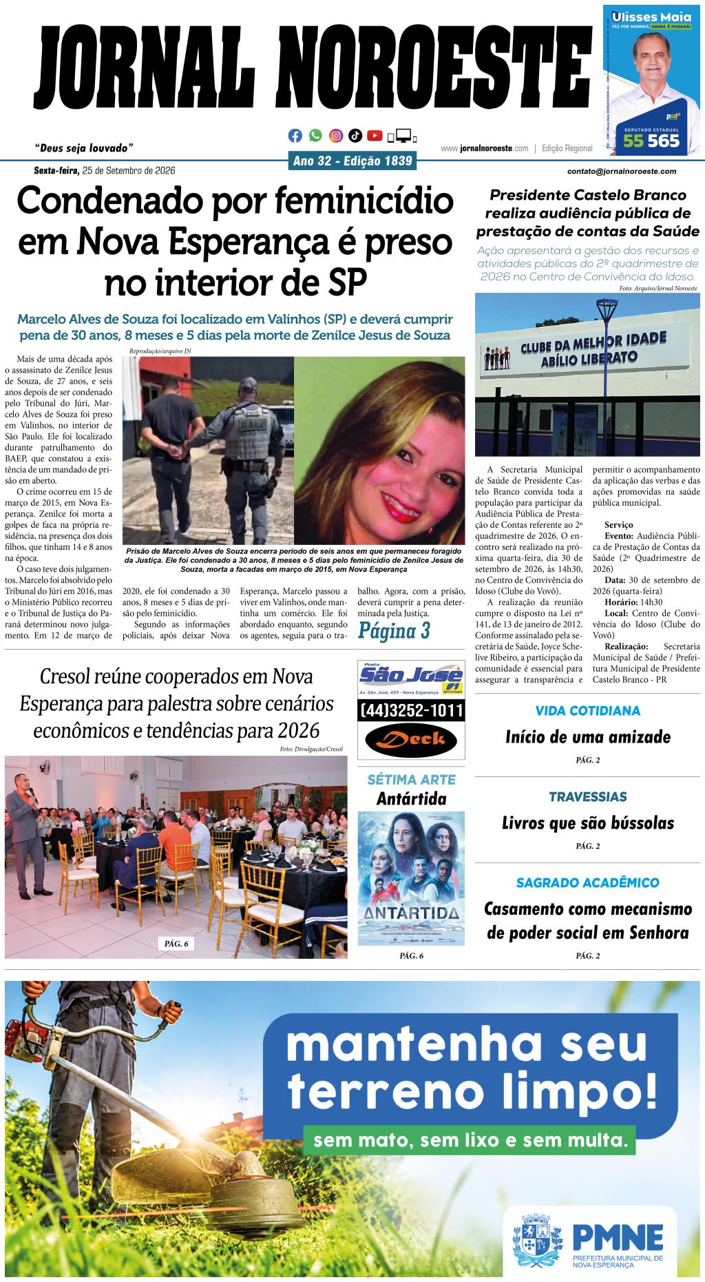 Jornal Noroeste - edição Nº1839 desta sexta-feira, 25 de setembro de 2026