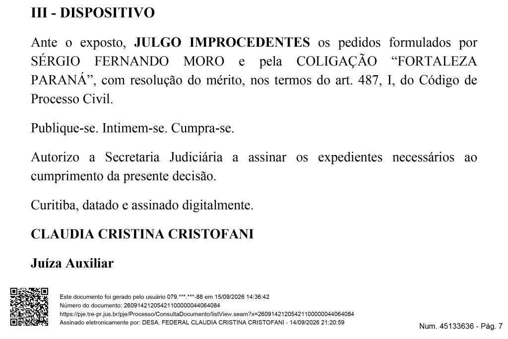 Justiça Eleitoral nega pedido do PL e mantém válida associação de Moro...