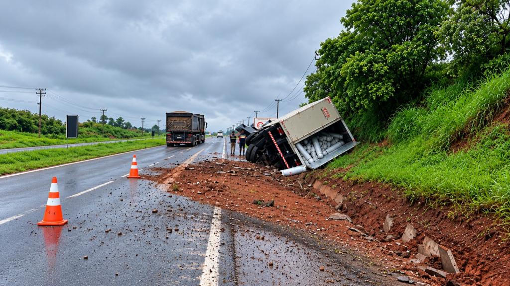 Caminhão tomba às margens da BR-376 em Nova Esperança; não...