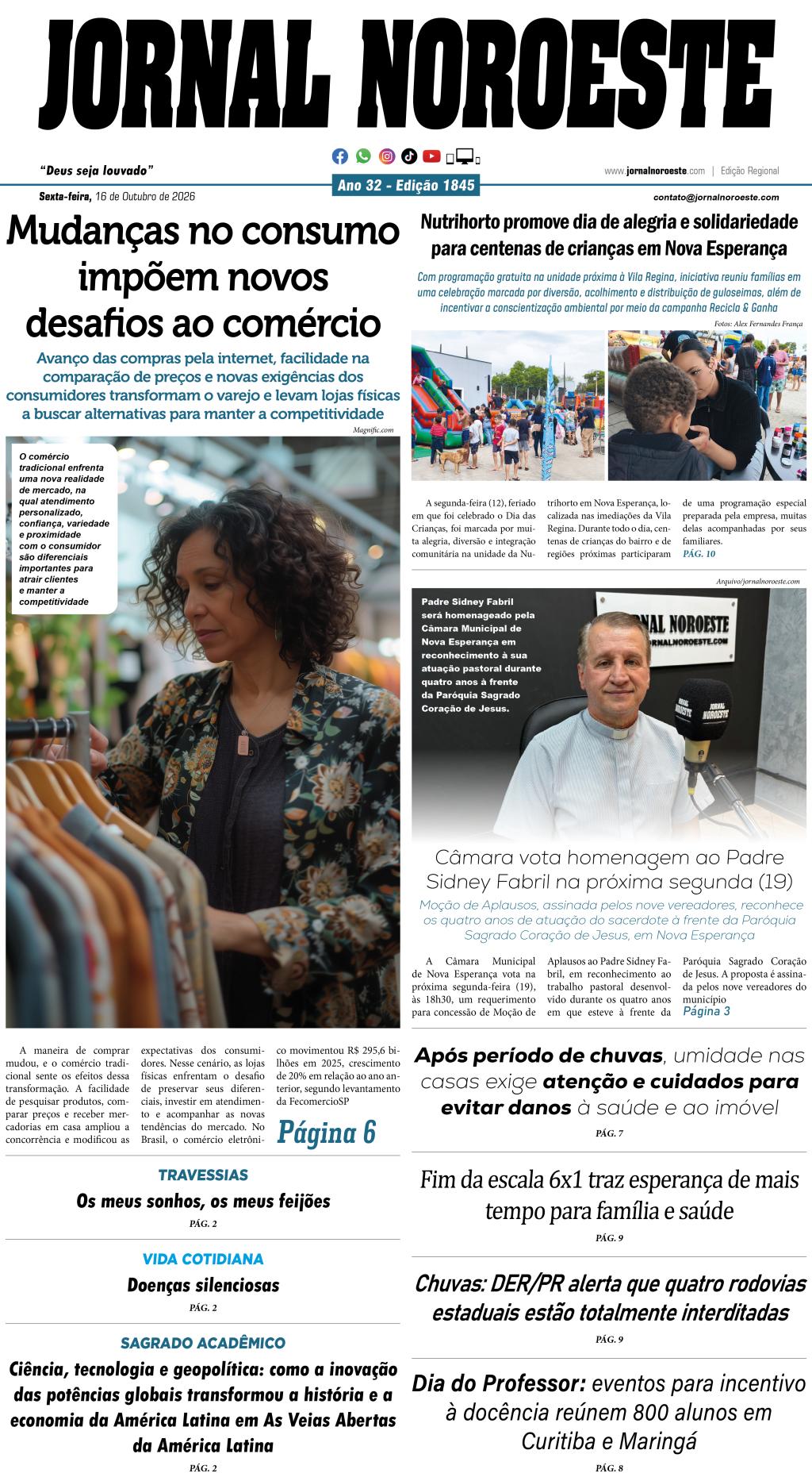 Jornal Noroeste edição Nº1845 desta sexta-feira, 16 de outubro de 2026