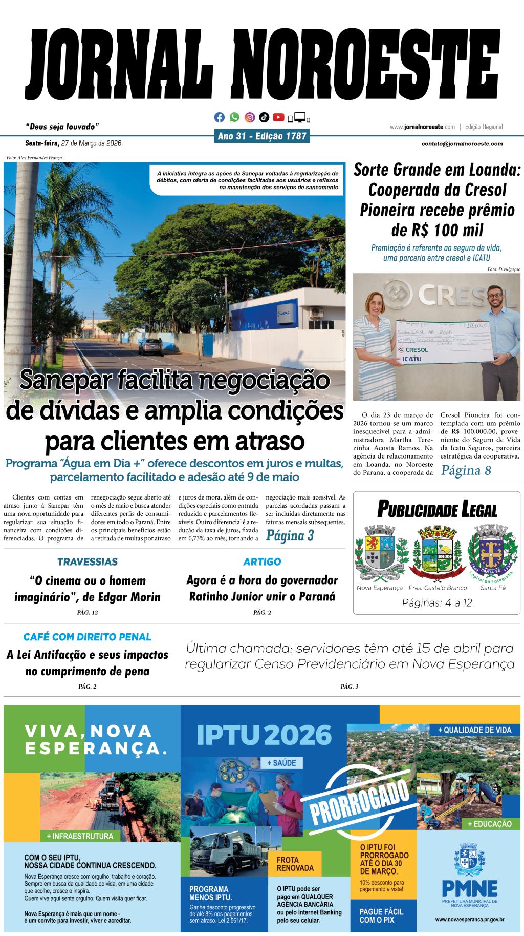 Jornal Noroeste edição 1787 desta sexta-feira, 27 de março de 2026 - capa