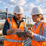A male and a female construction worker stand together on a building site, looking at a tablet. The man is actively pointing at the tablet screen while discussing the project with the woman. Both are dressed in standard safety gear, including white hard hats and bright orange reflective vests. The background features the steel framework of a new building, construction materials, and an orange excavator, all illuminated by bright daylight under a cloudy blue sky.