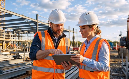 A male and a female construction worker stand together on a building site, looking at a tablet. The man is actively pointing at the tablet screen while discussing the project with the woman. Both are dressed in standard safety gear, including white hard hats and bright orange reflective vests. The background features the steel framework of a new building, construction materials, and an orange excavator, all illuminated by bright daylight under a cloudy blue sky.